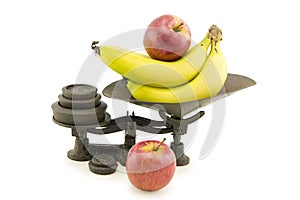 Antique Kitchen Scale Set with Apples and Bananas photo