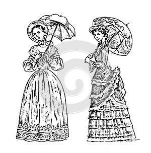 Antique ladies. Dame with umbrella. Victorian epoch. Ancient Retro Clothing. Women in Ball lace dress. Vintage engraving