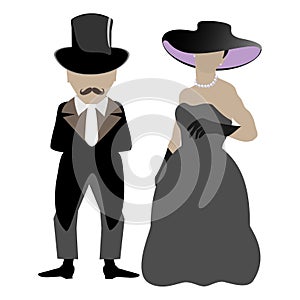 Antique lady and gentleman. Ancient retro clothing. A woman in a ball gown and a man in a tailcoat