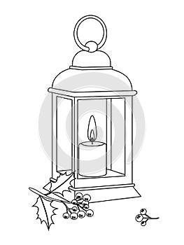 Antique lamp with a lit candle and holly berries with a black outline for coloring. Christmas illustration for a postcard