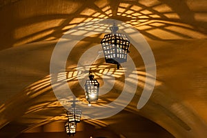 Antique lamps chandeliers in the cave dungeon