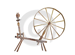 Antique large wheel spinning wheel isolated.