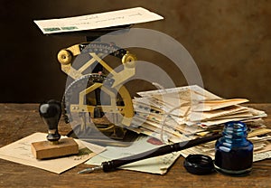 Antique letter scale and ink well