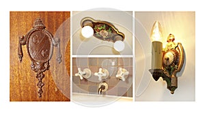 Antique light fixtures, door kno and faucet collage.