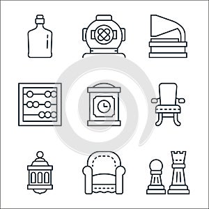 antique line icons. linear set. quality vector line set such as chesspieces, vintage style, light, old fashioned, clock, abacus,