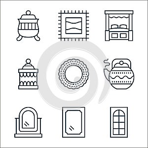antique line icons. linear set. quality vector line set such as window, rectangular mirror, mirror, teapot, doilie, oil lamp, old