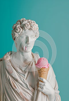 Antique male sculpture holding an ice cream cone.