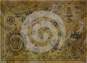 Antique map with baroque banner, compasses, old pirate ships on paper texture