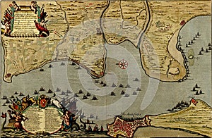 Antique map of the battle of Cadiz, 1701 in Spain