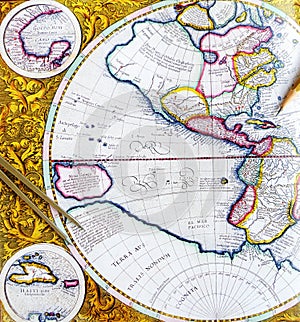 Antique map with divider and pencil