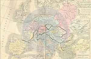 Antique map of Europe during the Barbarian Invasions