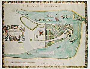 Antique map showing Manhattan and Dutch settlement photo