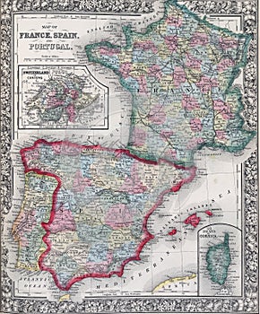 Antique map of Spain, France and Portugal