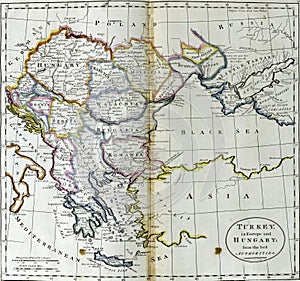 Antique map of Turkey in Europe and Hungary