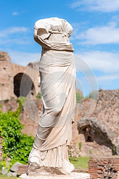 Antique marble headless statue of Vestal Vigin. House of Vestals at Roman Forum, Rome, Italy