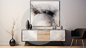 Antique Marble Sideboard With Minimalist Ink Wash Print