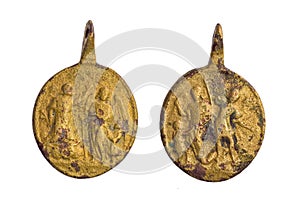 Antique medal of the Catholic religion, gold plated.