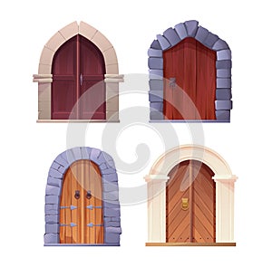 Antique medieval wooden door with metal round handle and lined with stones. Gothic entrance, gate in a castle, church or