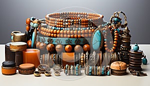 Antique metal jewelry collection bracelets, necklaces, and beads generated by AI