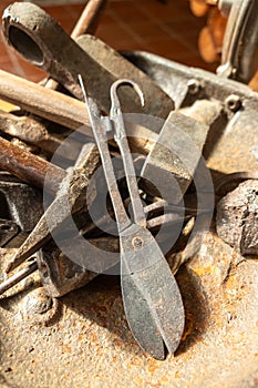 antique metal tools for traditional blacksmithing. old work tools