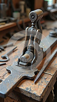 Antique metal vice on workbench in rustic workshop