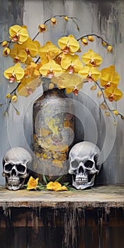 Antique Metallic Vases With Yellow Orchids And Skulls: A Perfect Blend Of Artistry And Vibrant Colors