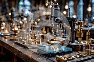Antique Microscope on Wooden Table in Workshop