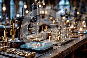 Antique Microscope on Wooden Table in Workshop