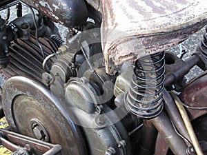 Antique motorcycle engine close up detail background