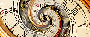 Golden yellow antique old clock spiral abstract fractal. Retro clock with mechanism in the background. Time spiral concept image