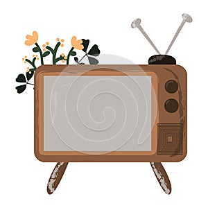 Antique old television in retro style with flowers. TV vintage icon