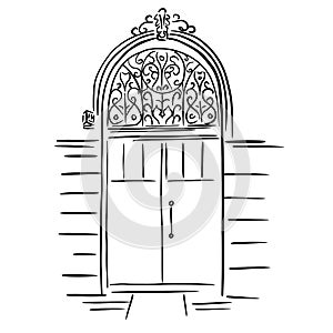 Antique openwork doors in the city. Linear illustration