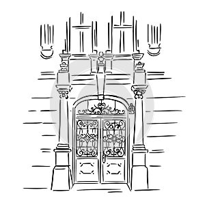 Antique openwork doors in the city. Linear illustration