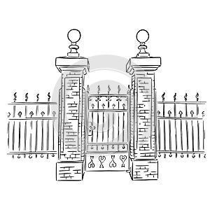 Antique openwork doors in the city. Linear illustration