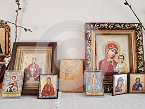 Antique orthodox christian icons on the shelf