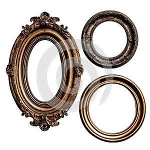 Antique oval round photo frames isolated over transparent white background Baroque Victorian ornate border frames