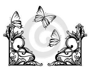antique page decor black and white vector design set with butterflies and plants