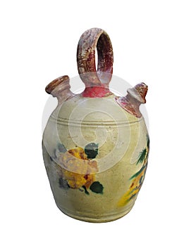 Antique painted crockery jug isolated.