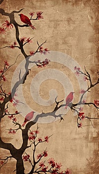 Antique Painting in the style of Katsushika Hokusai of the inside branches of a blooming cherry tree