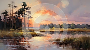 Antique Painting Of Sunset Over Marsh With Striking Brush Strokes