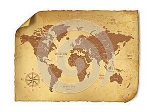 Antique paper with old map isolated on white background.