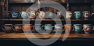 Antique patterned cup, Vintage patterns, grunge style, beautifully arranged on old wooden floors and vintage wooden walls