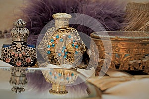 The Antique Perfume Bottles With The Mirror and Boxes
