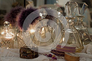 The Antique Perfume And Oil Bottles On The Beauty Table