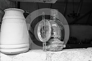 Antique petroleum lamp in an old barn.High quality photo.