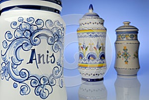 Antique pharmacy jars of artisanal ceramics, natural medicine photo