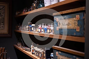 Antique Pharmacy Shelves Laden with Medicinal Resources and Products in Llivia Municipal Museum