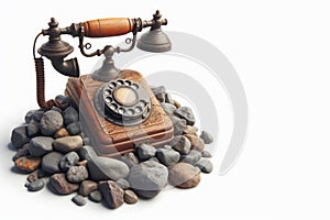 An antique phone lying on the rocks. Space for text.