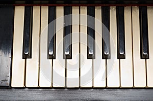 Antique piano with yellowish old keyboard close-up