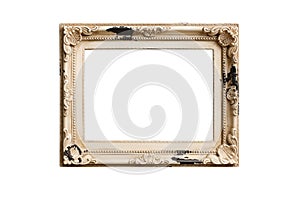 Antique picture frame empty and isolated on white background. Old, vintage, decorative element with free space for your